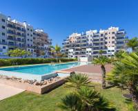 communal garden with blue swimming pool and blue sky in these new penthouse properties for sale costa blanca