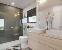 modern new bathroom with wood finish in new villa for sale