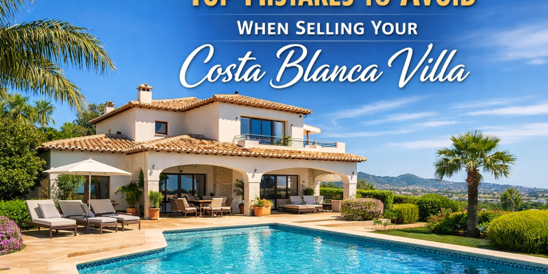 Luxury country villa with private pool in Costa Blanca with text overlay about selling mistakes and expert tips for villa owners